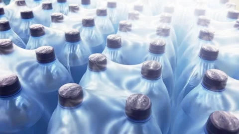 Plastic Water Bottles in Shrink Wrap Package on Store Shelf, Industrial Storage Stock Footage 293845367