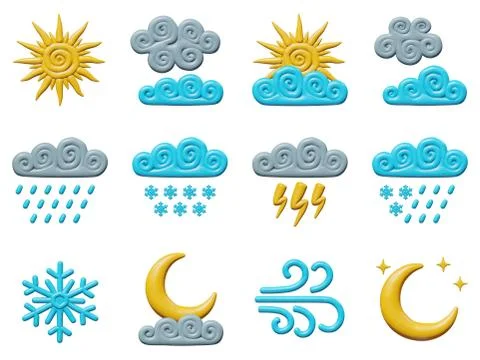Plastic weather 3d set - clouds, rain, sun, moon Stock Illustration