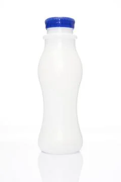 Plastic White Bottle and Blue Cap with Reflection on White Background Stock Photos