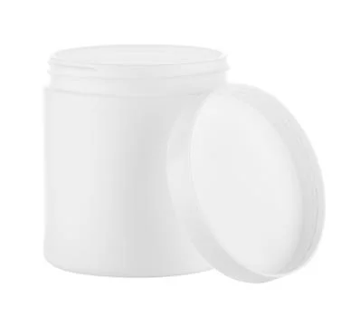 Plastic white round jar with an open lid Stock Photos