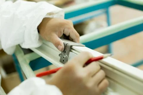 Plastic window assembly. Manufacture of plastic windows. Stock Photos