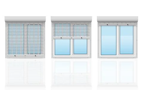 Plastic window behind metal perforated rolling shutters vector illustration Ilustración de archivo
