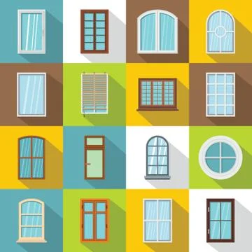 Plastic window forms icons set, flat style Illustrazione stock