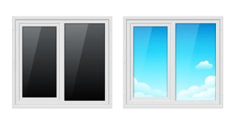 Plastic window frame in house. Vector glass plastic window closedm office inside Stock Illustration