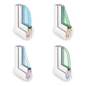 Plastic Window Frame Profile Set. Energy Efficient Window Cross Section. Two And Illustrazione stock