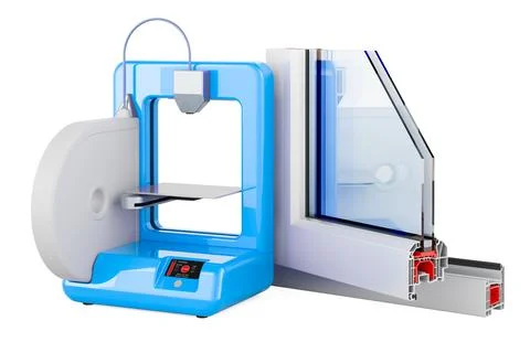 Plastic window profile with 3D printer, 3D rendering Stock Illustration