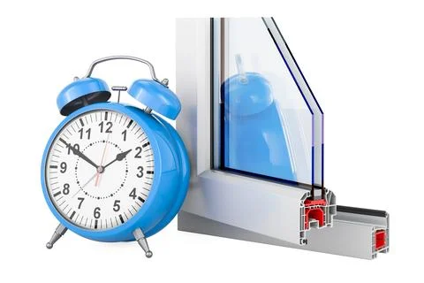 Plastic window profile with alarm clock, 3D rendering Stock Illustration