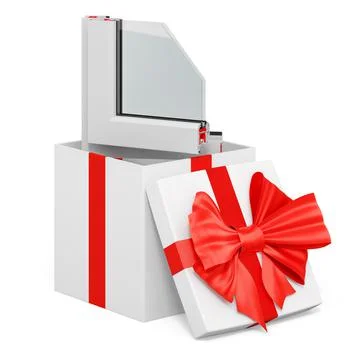 Plastic window profile inside gift box, present concept. 3D rendering Illustrazione stock