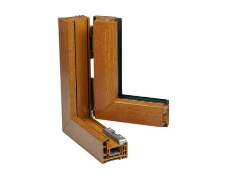 Plastic window profile. Windows section with triple glazing Stock Photos