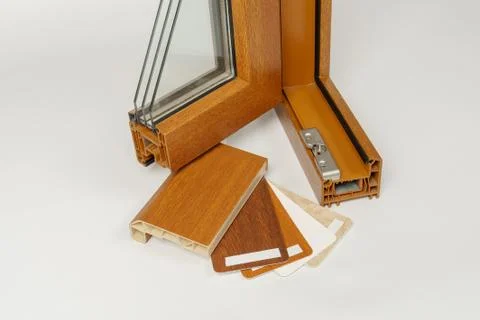 Plastic window profile. Windows section with triple glazing Stockfoto's