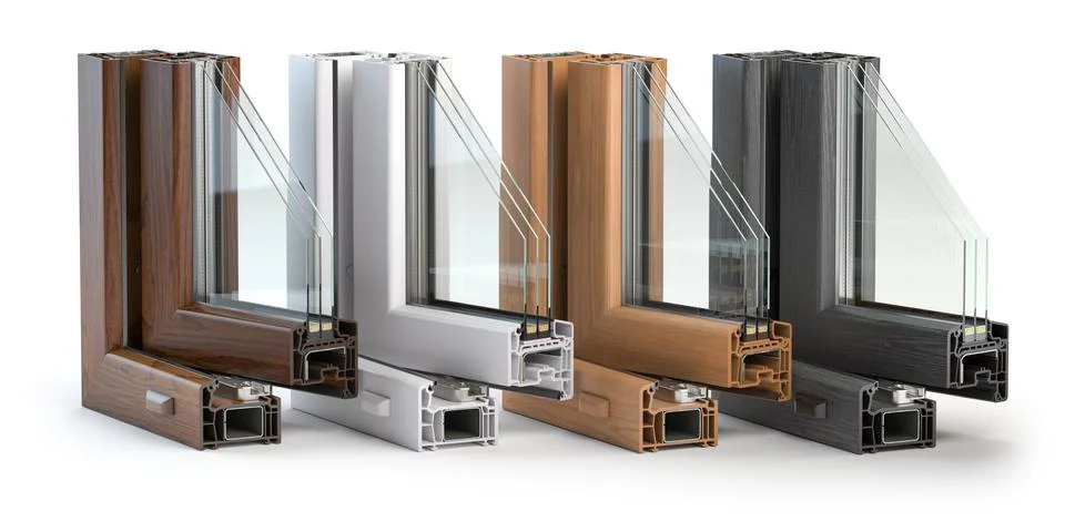 Plastic window profiles PVC of different colors in section  isolated on white Illustrazione stock