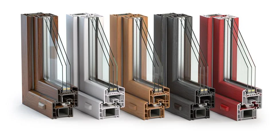 Plastic window profiles PVC of different colors in section  isolated on white Illustrazione stock