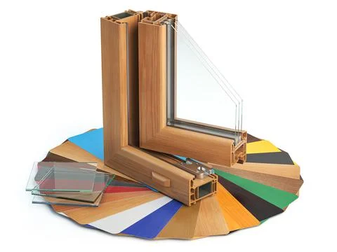 Plastic window profiles PVC with samples of different colors isolated on whit Illustrazione stock