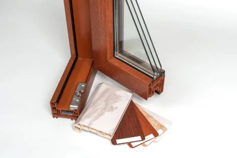 Plastic window section with sample,color samples of window sill, on white Fotos de archivo