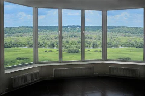 Plastic window with view to summer landscape with forest and lake. fresh air Stock Photos