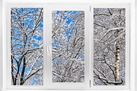 Plastic window with a winter view with tree branches covered with snow on blu Stock Photos