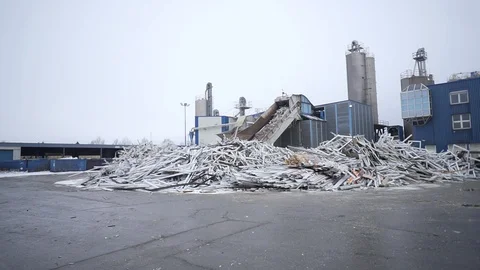 Plastic windows are piled in pile, broken window profile, plastic processing Stock Footage 119049545