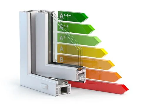 Plastic windows profile PVC and energy efficiency chart isolated on white. Illustrazione stock