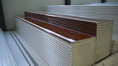 Plastic windowsills profile laminated with shiny wood like foil Stock Footage 304393716
