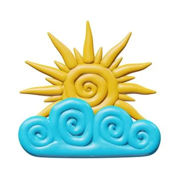 Plastic yellow sun in curly cloud illustration Stock Illustration