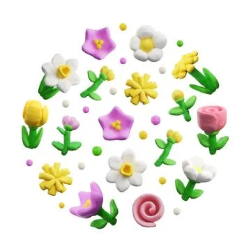 Plasticine different flowers, round composition 3D style, vector illustration Stock Illustration