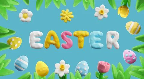 Plasticine Easter design with text framed by flowers and eggs. Illustrazione stock