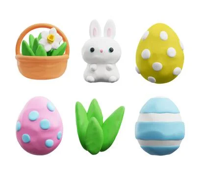 Plasticine eggs, rabbit, grass and basket with flower 3D style Illustrazione stock