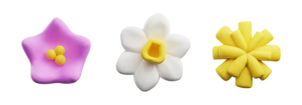 Plasticine flowers, realistic 3D render, vector illustration on white Illustrazione stock
