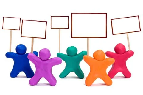 Plasticine people with blank posters Stock Illustration