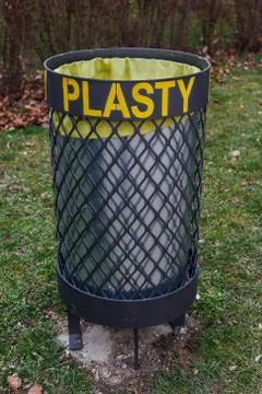 Plastics . Garbage bin for plastic waste products Stock Photos