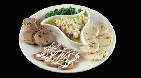 Plate of assorted meat (veal and chicken sausages), loop, top view Stock Footage 61707633