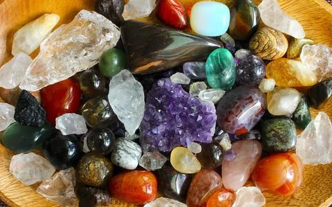 Plate of Assorted Rocks and Crystals. Stock Photos