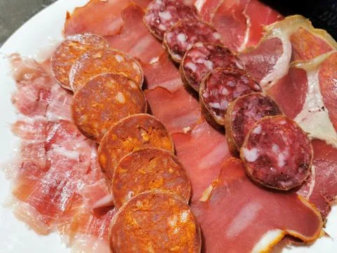 Plate of assorted sausages 스톡 사진