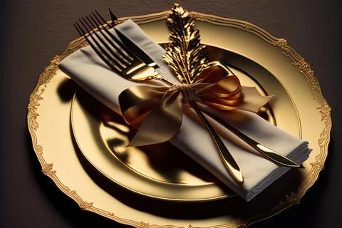 Plate with attractive cutlery and a napkin with a golden ribbon. Generative AI Stock Illustration