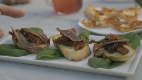 Plate of bread with sardines on a table Stock Footage 169477037