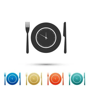 Plate with clock, fork and knife icon isolated on white background. Lunch time Illustrazione stock