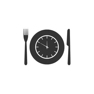 Plate with clock, fork and knife icon isolated. Lunch time. Eating, nutrition Stock Illustration