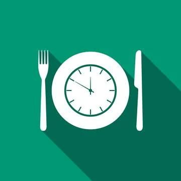 Plate with clock, fork and knife icon isolated with long shadow. Lunch time Stock Illustration
