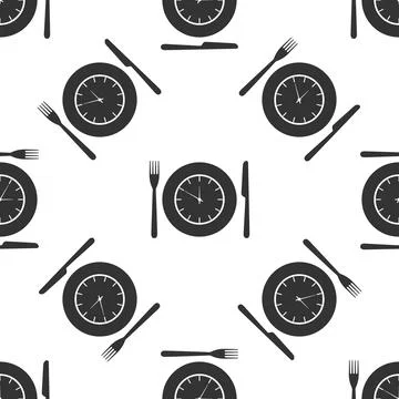 Plate with clock, fork and knife icon seamless pattern on white background Stock Illustration