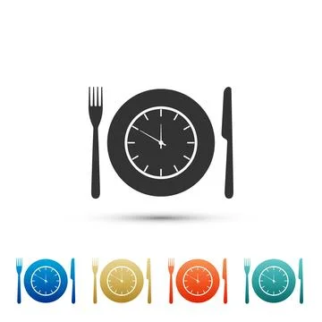 Plate with clock, fork and knife icon isolated on white background. Lunch time イラスト素材