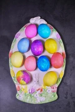 Plate of colored Easter Eggs Stock Photos