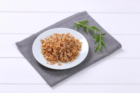 Plate of cooked buckwheat Stock Photos