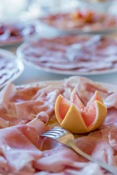 Plate of cooked ham Stock Photos