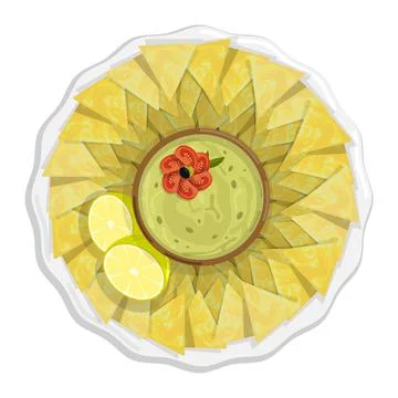 Plate with corn chips and spicy mexican guacamole sauce. Spicy triangular chi Stock-Illustration