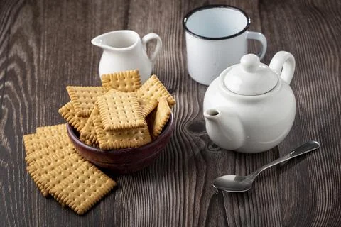 Plate with cornstarch biscuit on the table. Stock Photos