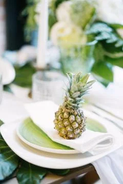 Plate decorated with a pineapple and decor, green and white colour Stock Photos