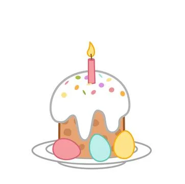Plate with Easter cake and eggs. Burning candle in Easter cake. Cartoon, vector Stock Illustration