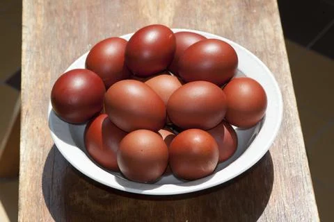 Plate with Easter eggs. Close-up. Stock Photos