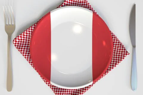 Plate with flag of Peru on the table, national cuisine conceptual 3d rendering Stock Illustration