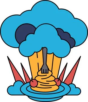 A plate of food with a fork on it is surrounded by a cloud of smoke Stock Illustration